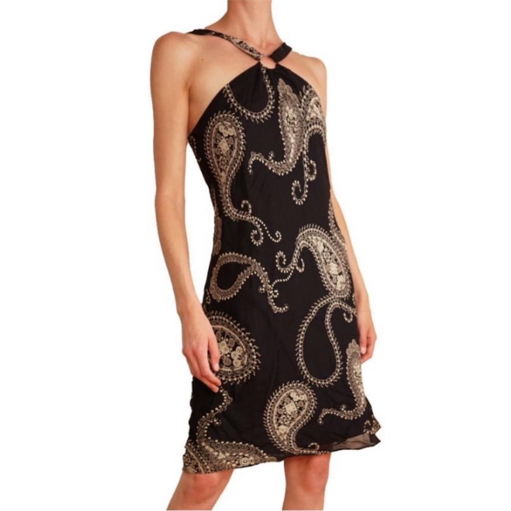 Evan Picone Paisley Black Ivory Halter Grecian Sheath Dress Size 6